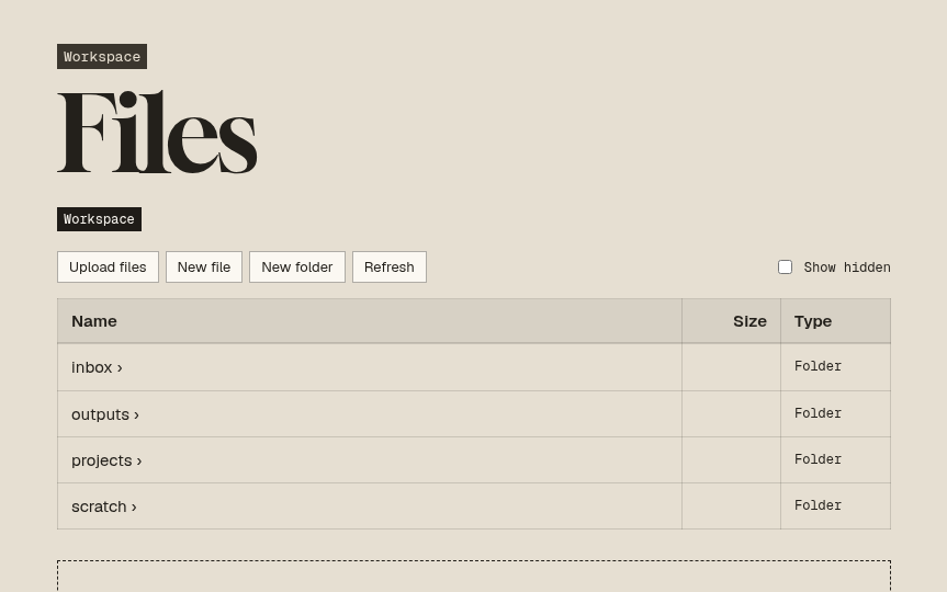 The Files screen: the workspace folders and an upload area